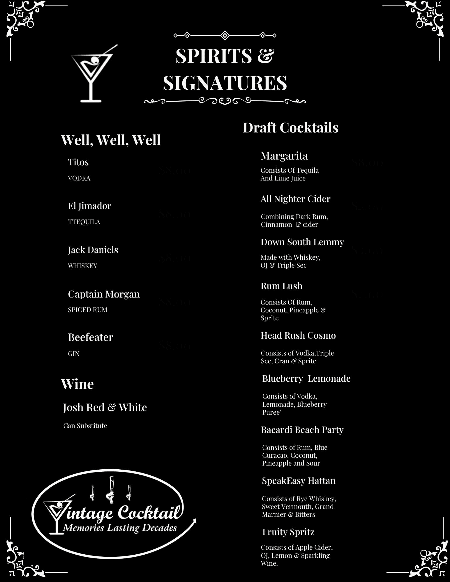 Vintage Cocktail menu featuring spirits, wine, and draft cocktails including Margarita, All Nighter Cider, Down South Lemmy, Rum Lush, and more